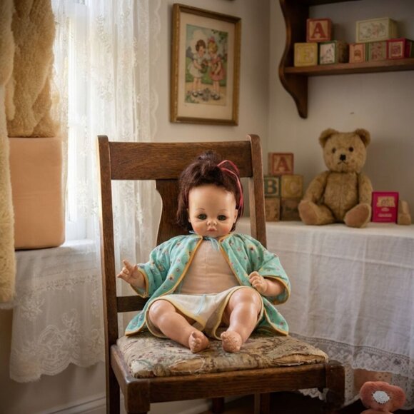 Vintage Baby Doll With Green Floral Jacket & Yellow Trim Vinyl & Cloth Body Brow - Picture 8 of 8